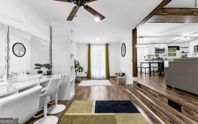 foyer featuring wood finished floors, a ceiling fan, and plenty of natural light