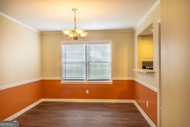 177 Amherst Pl NW, Atlanta, GA 30327 - unfurnished dining area featuring baseboards, ornamental molding, a chandelier, and dark wood finished floors
