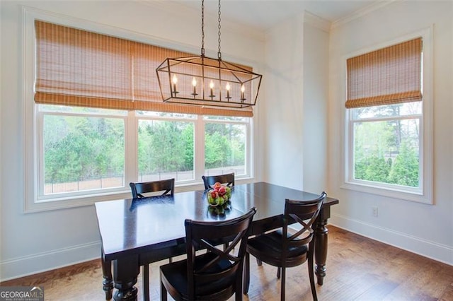 dining area featuring ornamental molding, baseboards, and a healthy amount of sunlight