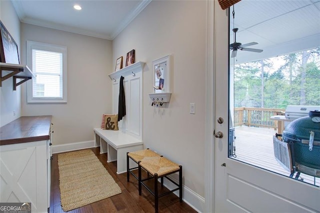 mudroom featuring crown molding, ceiling fan, dark wood-type flooring, recessed lighting, and baseboards