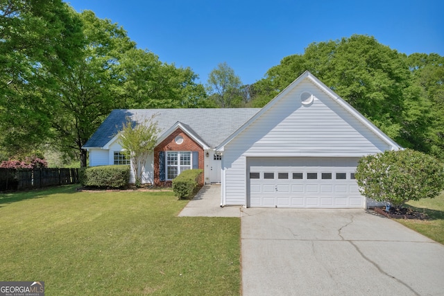 ranch-style house with concrete driveway, a front lawn, a garage, fence, and a shingled roof