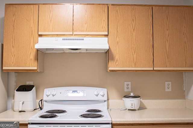kitchen featuring under cabinet range hood, electric stove, light countertops, and light brown cabinetry