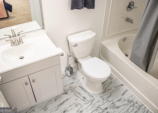 bathroom featuring toilet, vanity, shower / bath combo, marble finish floor, and baseboards