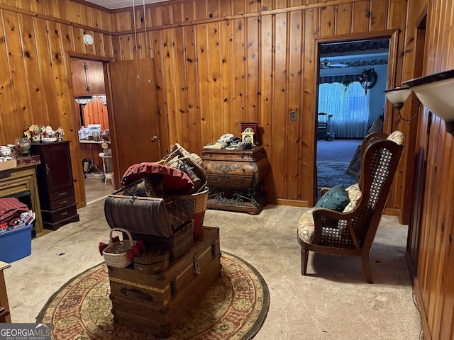 living area with carpet and wood walls