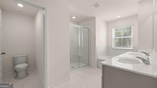 full bath with a marble finish shower, toilet, marble finish floor, a sink, and visible vents
