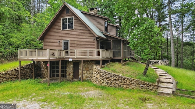 80 Lake Forest Ct, Lakemont, GA 30552 - rear view of house with a deck, a sunroom, a chimney, stairway, and stone siding