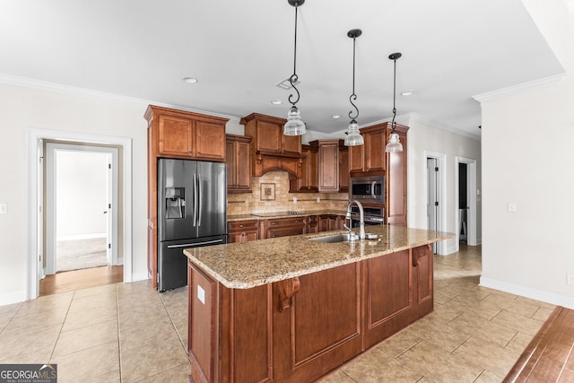 157 Wessex Dr, Bonaire, GA 31005 - kitchen with appliances with stainless steel finishes, ornamental molding, decorative backsplash, light tile patterned flooring, and brown cabinetry