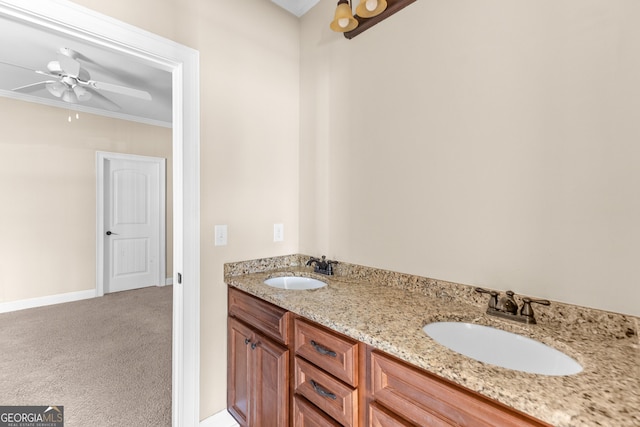 157 Wessex Dr, Bonaire, GA 31005 - bathroom with double vanity, ceiling fan, and crown molding