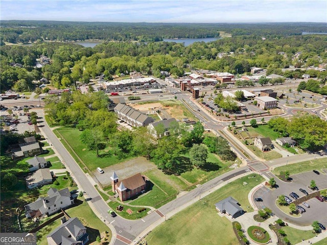 aerial view featuring a water view and a view of trees