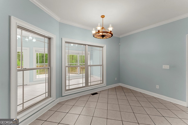 unfurnished dining area with visible vents, baseboards, an inviting chandelier, crown molding, and light tile patterned flooring