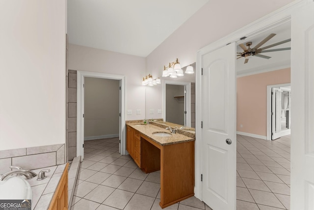 full bathroom with tile patterned flooring, a sink, double vanity, and ceiling fan