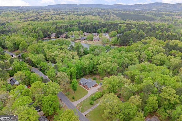drone / aerial view featuring a wooded view and a mountain view