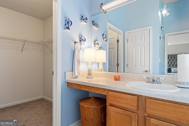 726 Fir Chase, Fairburn, GA 30213 - bathroom featuring baseboards, a spacious closet, vanity, and a textured ceiling