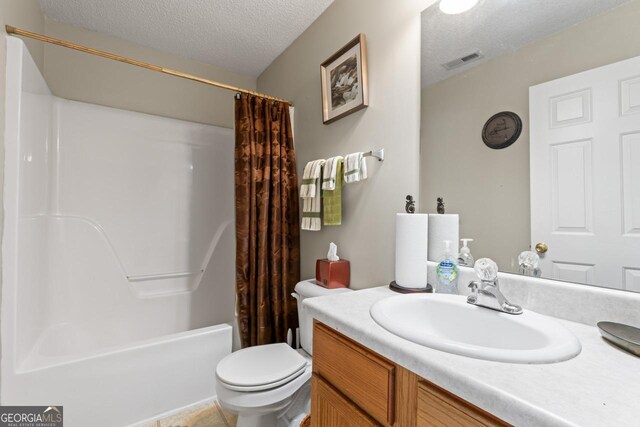 726 Fir Chase, Fairburn, GA 30213 - full bathroom with a textured ceiling, visible vents, toilet, vanity, and shower / bathtub combination with curtain