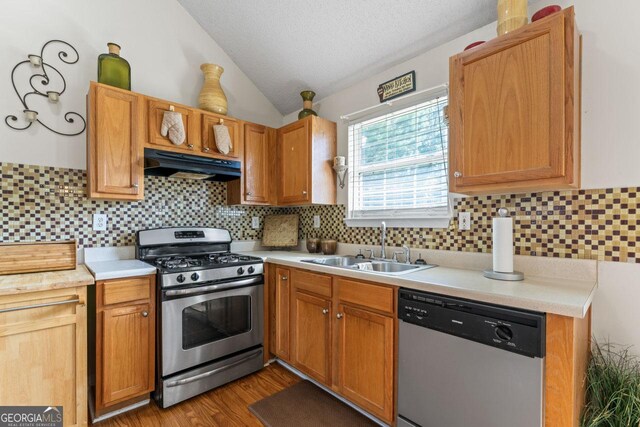 726 Fir Chase, Fairburn, GA 30213 - kitchen with light countertops, stainless steel appliances, under cabinet range hood, lofted ceiling, and a sink