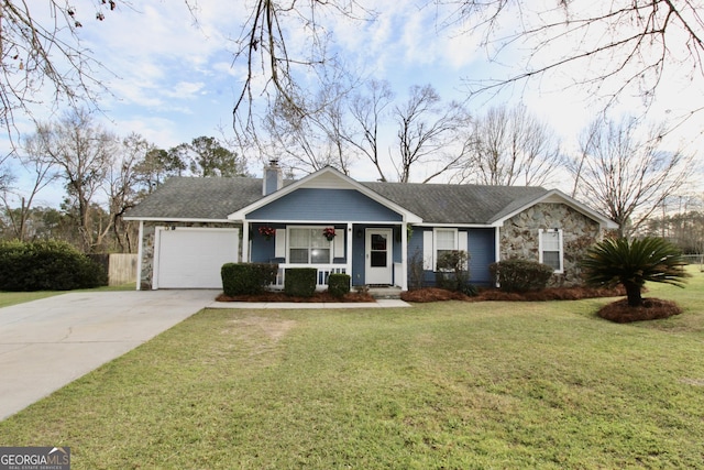 3789 Heatherwoods Dr, Valdosta, GA 31605 - ranch-style house featuring stone siding, a front lawn, an attached garage, a chimney, and driveway