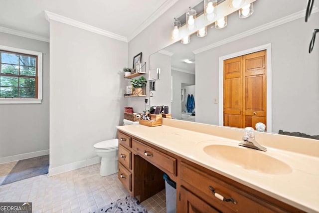 6695 Woodstock Rd, Acworth, GA 30102 - bathroom featuring baseboards, ornamental molding, toilet, vanity, and tile patterned flooring