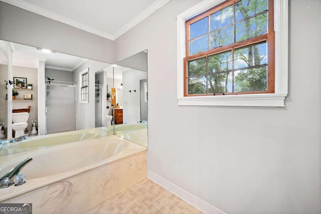 6695 Woodstock Rd, Acworth, GA 30102 - full bath featuring toilet, a garden tub, a shower stall, baseboards, and ornamental molding