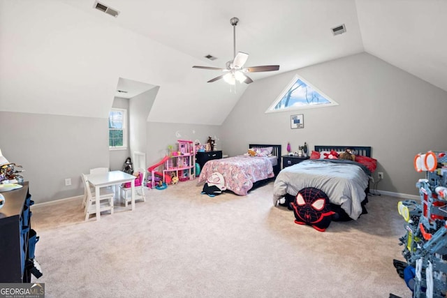 6695 Woodstock Rd, Acworth, GA 30102 - bedroom featuring carpet flooring, lofted ceiling, visible vents, and a ceiling fan