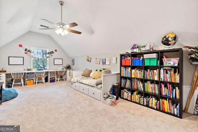 6695 Woodstock Rd, Acworth, GA 30102 - rec room with lofted ceiling, visible vents, carpet flooring, and a ceiling fan