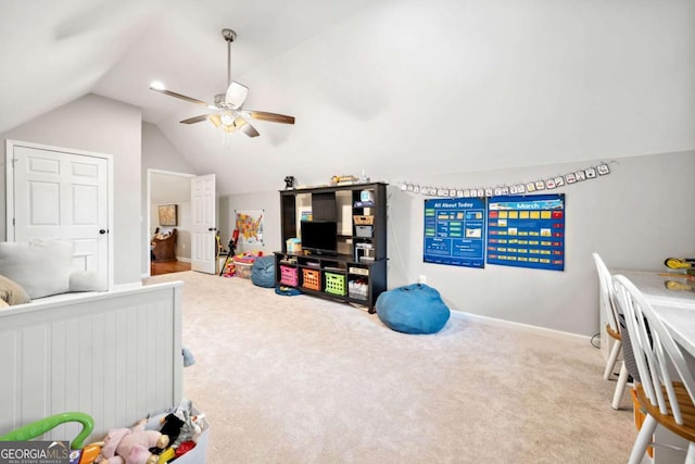 6695 Woodstock Rd, Acworth, GA 30102 - bedroom featuring carpet floors, baseboards, lofted ceiling, and ceiling fan