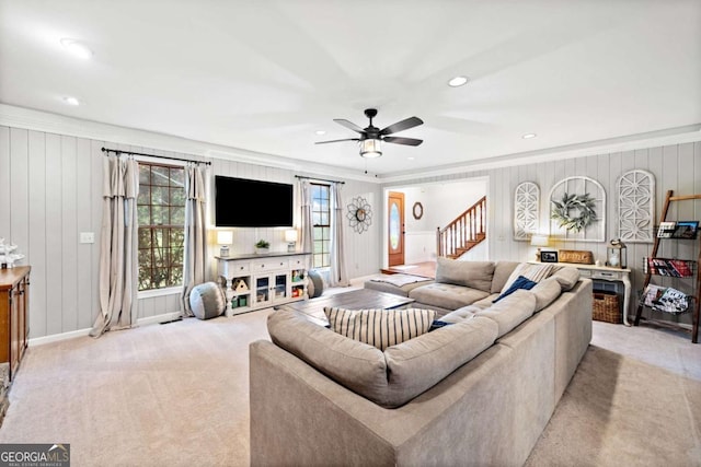 6695 Woodstock Rd, Acworth, GA 30102 - living room featuring stairs, carpet flooring, a ceiling fan, baseboards, and recessed lighting