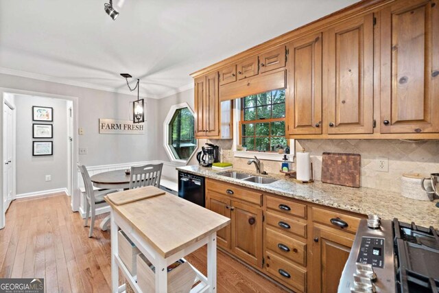6695 Woodstock Rd, Acworth, GA 30102 - kitchen featuring a sink, dishwasher, stainless steel range with gas stovetop, decorative backsplash, and ornamental molding