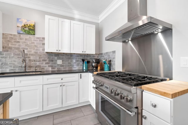 1081 Katherine Ln, Greensboro, GA 30642 - kitchen featuring tasteful backsplash, wall chimney range hood, crown molding, a sink, and high end stove