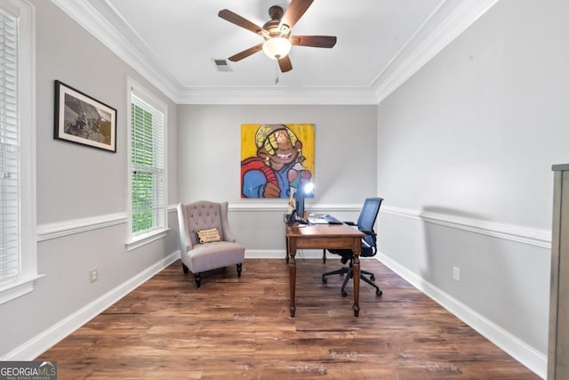 1081 Katherine Ln, Greensboro, GA 30642 - office area with visible vents, wood finished floors, crown molding, and ceiling fan