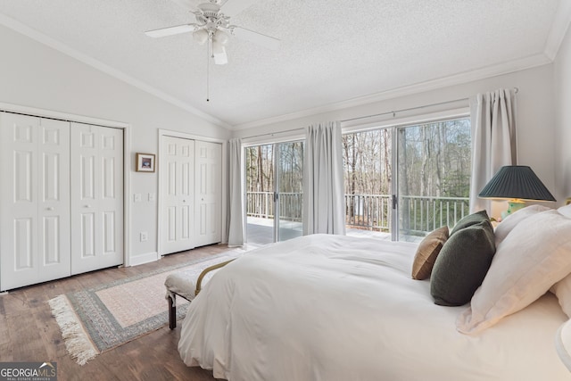 8012 Beachwood Dr, Murrayville, GA 30564 - bedroom with a textured ceiling, two closets, access to exterior, lofted ceiling, and wood finished floors