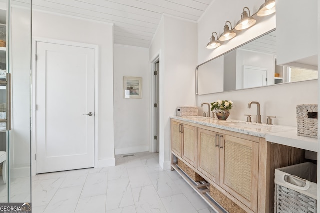 8012 Beachwood Dr, Murrayville, GA 30564 - full bathroom featuring baseboards, a sink, wood ceiling, double vanity, and marble finish floor