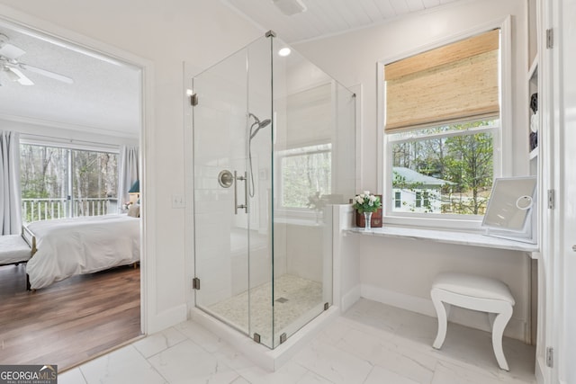 8012 Beachwood Dr, Murrayville, GA 30564 - full bathroom with baseboards, a shower stall, marble finish floor, and connected bathroom