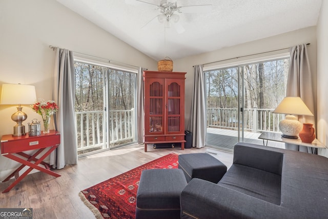 8012 Beachwood Dr, Murrayville, GA 30564 - living area featuring ceiling fan, a textured ceiling, visible vents, vaulted ceiling, and wood finished floors
