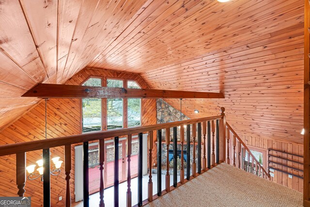 374 W Sugarbush Dr, Sky Valley, GA 30537 - corridor featuring wood walls, high vaulted ceiling, wood ceiling, and an upstairs landing