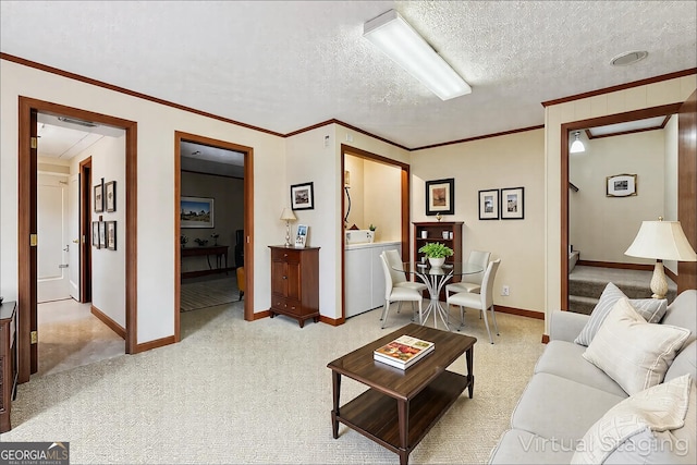 374 W Sugarbush Dr, Sky Valley, GA 30537 - carpeted living room with a textured ceiling, baseboards, and ornamental molding