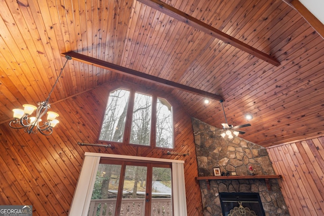 374 W Sugarbush Dr, Sky Valley, GA 30537 - interior details with a stone fireplace, a chandelier, wood ceiling, wooden walls, and beam ceiling