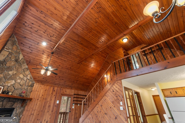 374 W Sugarbush Dr, Sky Valley, GA 30537 - interior space with a fireplace, wood walls, beamed ceiling, high vaulted ceiling, and wooden ceiling