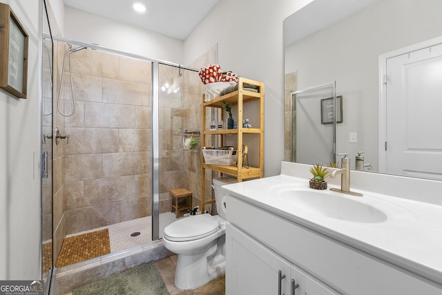 6023 Skellig St, Norcross, GA 30071 - full bathroom with vanity, a stall shower, and tile patterned floors