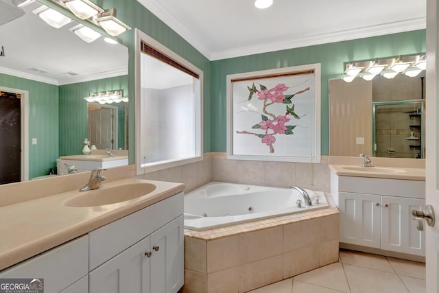 494 Thrash Rd, Lagrange, GA 30241 - full bathroom featuring ornamental molding, a whirlpool tub, a shower stall, tile patterned floors, and two vanities