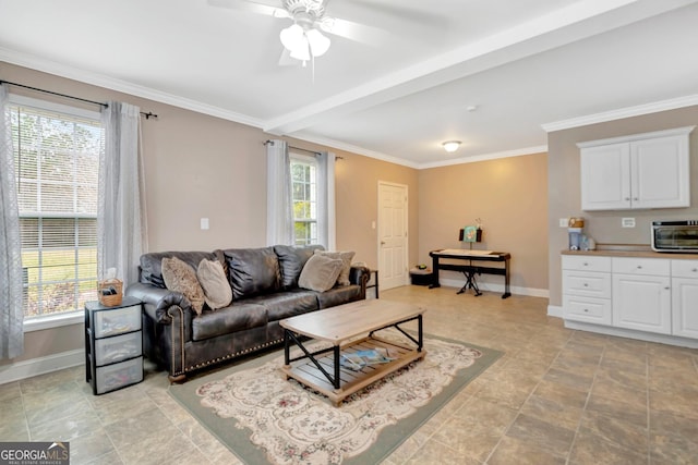 494 Thrash Rd, Lagrange, GA 30241 - living area featuring a ceiling fan, baseboards, and ornamental molding