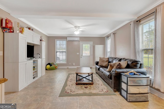 494 Thrash Rd, Lagrange, GA 30241 - living room featuring a wall mounted AC, ceiling fan, ornamental molding, baseboards, and light tile patterned floors
