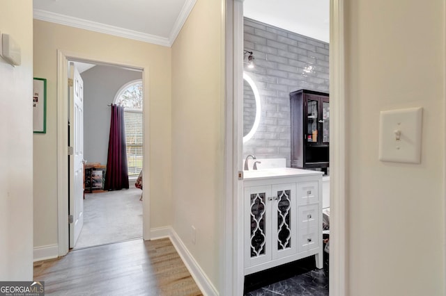 494 Thrash Rd, Lagrange, GA 30241 - hallway with ornamental molding, dark wood-style floors, baseboards, and a sink