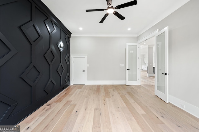 2107 E Maddox Rd, Buford, GA 30519 - foyer entrance featuring ceiling fan, french doors, ornamental molding, light wood finished floors, and recessed lighting