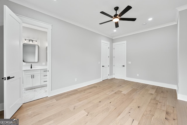 2107 E Maddox Rd, Buford, GA 30519 - unfurnished bedroom with ornamental molding, light wood-style floors, ensuite bath, recessed lighting, and a ceiling fan