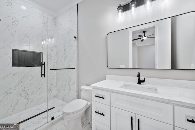 2107 E Maddox Rd, Buford, GA 30519 - full bath with toilet, a ceiling fan, vanity, a marble finish shower, and marble finish floor