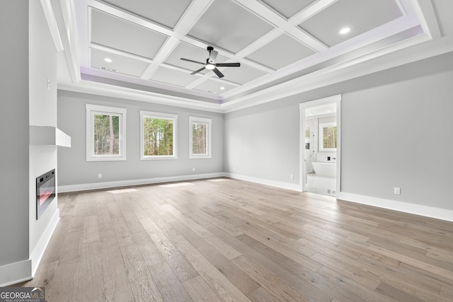 2107 E Maddox Rd, Buford, GA 30519 - unfurnished living room featuring a ceiling fan, a glass covered fireplace, light wood-type flooring, coffered ceiling, and recessed lighting