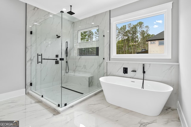 2107 E Maddox Rd, Buford, GA 30519 - bathroom featuring marble finish floor, a marble finish shower, and a soaking tub