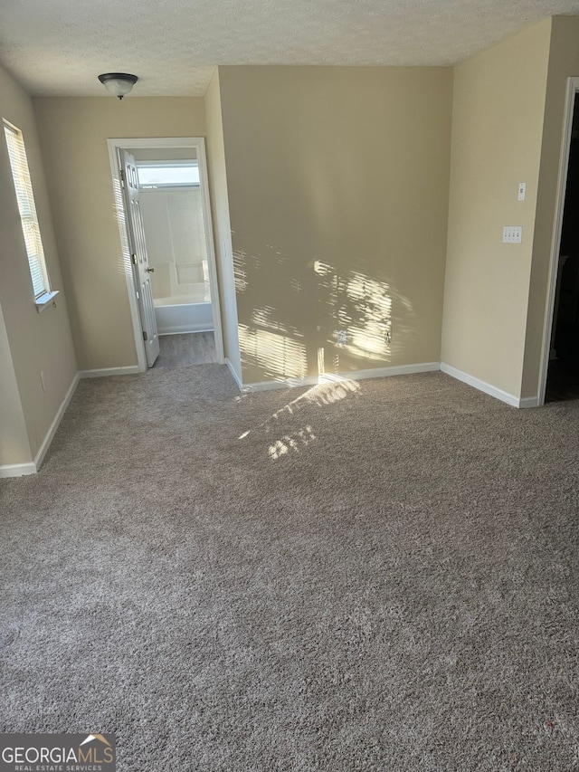 empty room featuring carpet floors, baseboards, a textured ceiling, and a healthy amount of sunlight