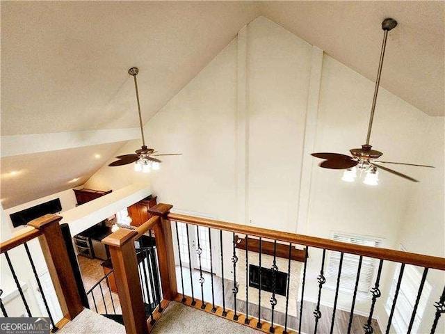 645 Crossbridge Aly, Johns Creek, GA 30022 - interior space with high vaulted ceiling and ceiling fan