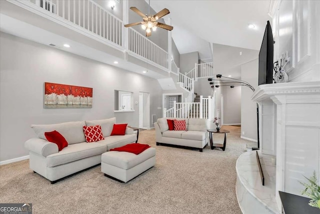 3800 Macland Rd, Hiram, GA 30141 - living area featuring high vaulted ceiling, carpet, stairs, and ceiling fan